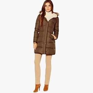 Ralph Lauren New Down Fill Puffer Parka Coat Fur Trim Cognac Brown 90s Retro